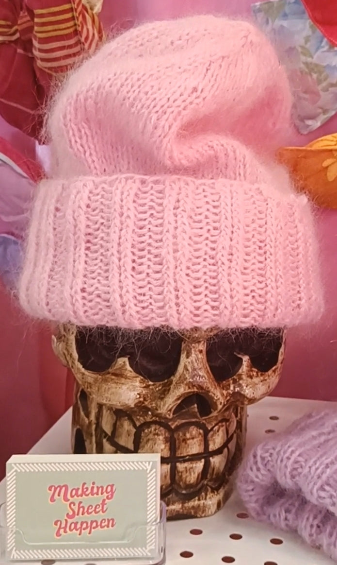 Mummin käsinneuloma mohair pipo Vaaleanpunainen