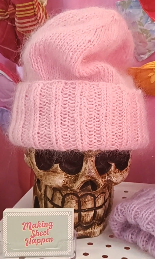 Mummin käsinneuloma mohair pipo Vaaleanpunainen