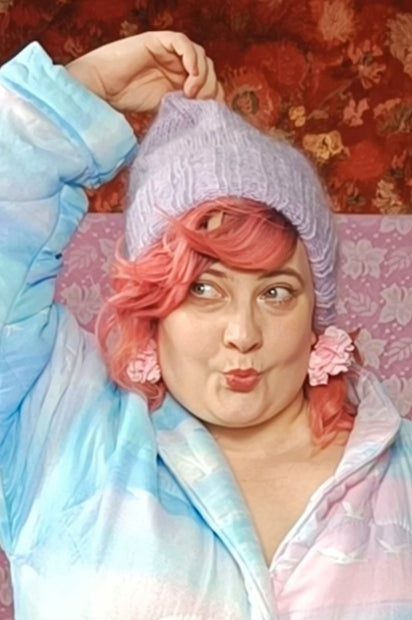 Mummin käsineuloma mohair pipo laventeli