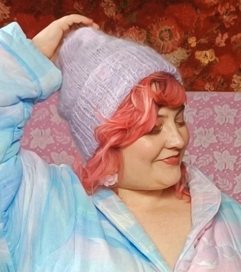 Mummin käsineuloma mohair pipo laventeli